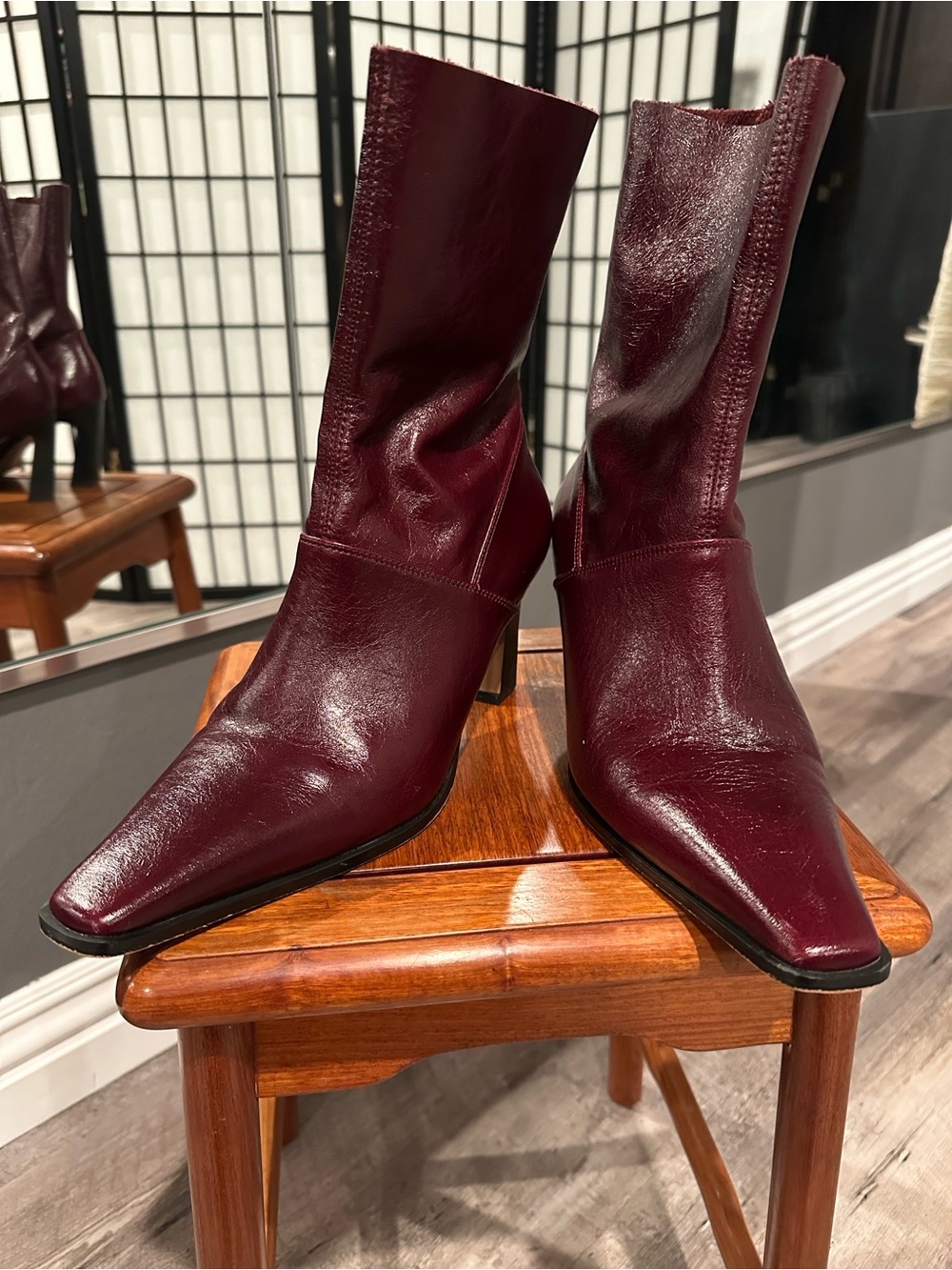 ASOS Wine Pointed Toe Mid-Calf Heeled Boots - Picture 7 of 7